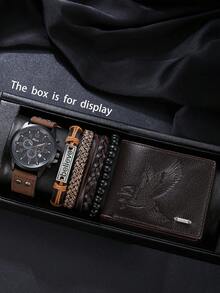 6 件套：男士简约钱包 + 商务休闲手表 + 串珠手链，父亲节、生日、周年纪念的完美礼物 - 棕色套裝 - 查看 2