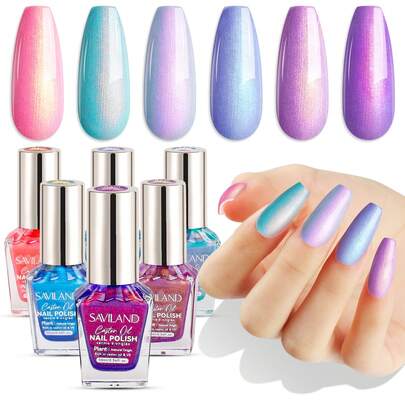 Coffret de 6 vernis à ongles ombrés SAVILAND : Vernis à ongles d'été aux couleurs magiques rose bleu or violet ombré Vernis à ongles à base de plantes séchant à l'air avec de l'huile de ricin Ensemble de vernis à ongles naturels