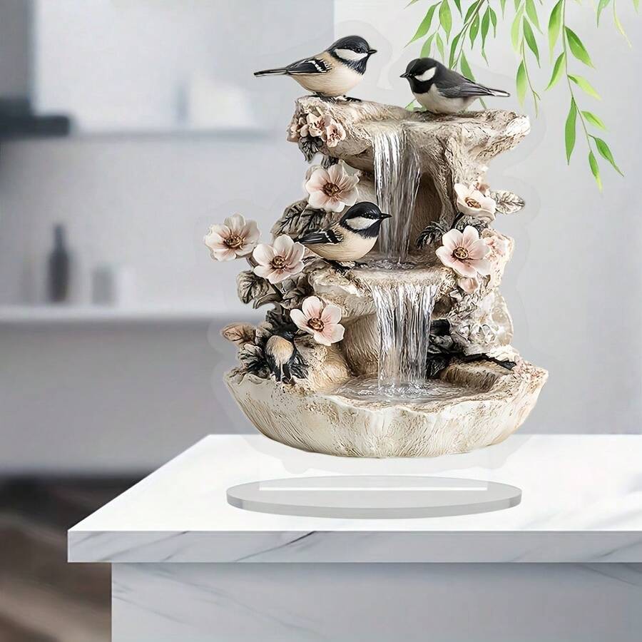1 pieza Fuente de escritorio de pájaro 2D de acrílico con cascada, adorno de escritorio estacional, adecuado para habitación, ventana, dormitorio, sala de estar, decoración de oficina, sin batería requerida, regalo ideal para Navidad, Acción de Gracias, Año Nuevo - Multicolor - Ver 1