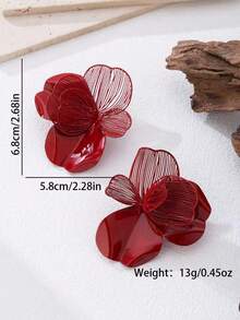 1 Pair Fashionable & Elegant Metal Textured Flower Pendant Earrings, Suitable For Women's Daily And Party Outfits