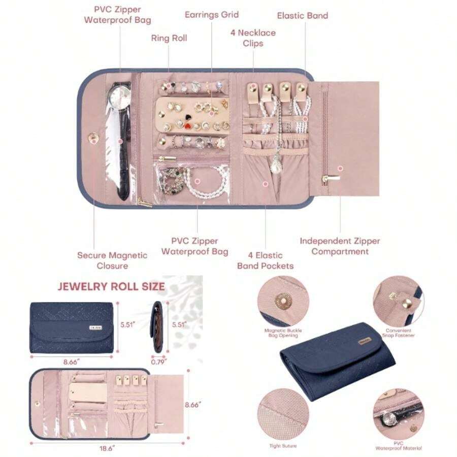 Travel Jewelry Organizer Box, Foldable Travel Earrings, Rings, Bracelets, Greyblue