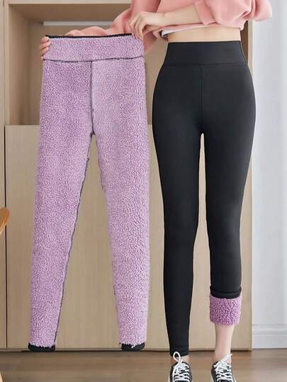 1pc Winter Warmth Essential! Fluffy Fleece Leggings For Outerwear, Thick & Warm | High Waist Embroidered Design, Versatile & Slimming | Must-Have Pants For Sub-Zero Weather | Unisex Warm & Non-Bulky