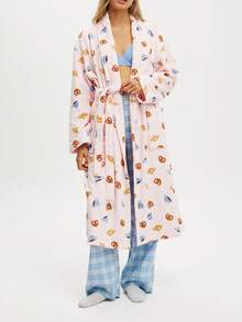 Womens Plush Soft Robe Long Sleeve Belted Striped Bathrobe With 2 Pockets For Spa, Pool - Hồng - Xem 1