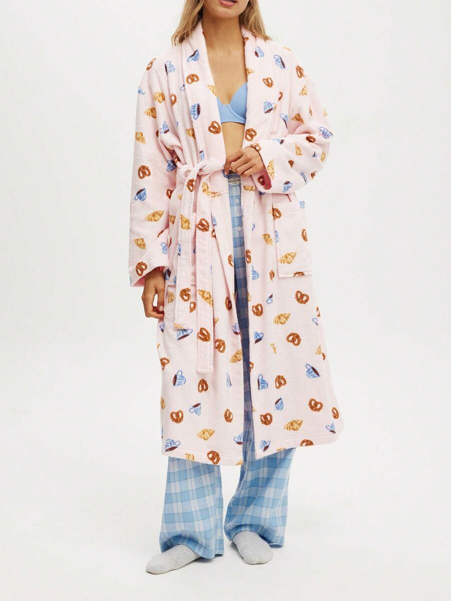 Womens Plush Soft Robe Long Sleeve Belted Striped Bathrobe With 2 Pockets For Spa, Pool - Hồng - Xem 1