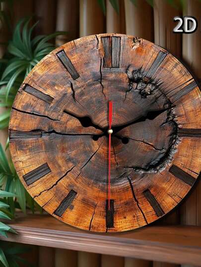 2D Flat, Rustic Wooden Klok Tree Ring Round Wood Wand Art, Classic English Numerals, Ideal Home