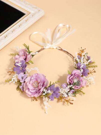 1件粉色玫瑰花波西米亚风花环，浪漫新娘婚礼季之选，皇冠，头饰，头花环，发饰，发圈，发饰