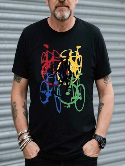 Camiseta Casual de Verano para Hombre con Estampado de Carrera de Bicicletas - Algodón Transpirable, Cuello Redondo, Manga Corta