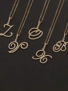 A-Z 锆石字母吊坠项链，男女皆宜的朋克风字母项链，不锈钢时尚嘻哈饰品 - 金色 - 查看 3