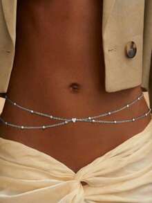 1pc Adjustable Layered Ball Chain Waist Chain, Suitable For Women's Daily Wear - Layered Heart Bead Waist Necklace - View 7