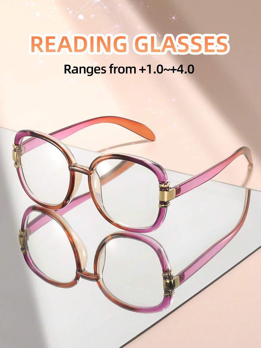 1 Pair Oval Large Frame Elegant Metal Decor Reading Glasses, Gentle Style For Women, Suitable For Reading, Writing, Computer Use, +1.0 To +4.0 - Transparent - View 1