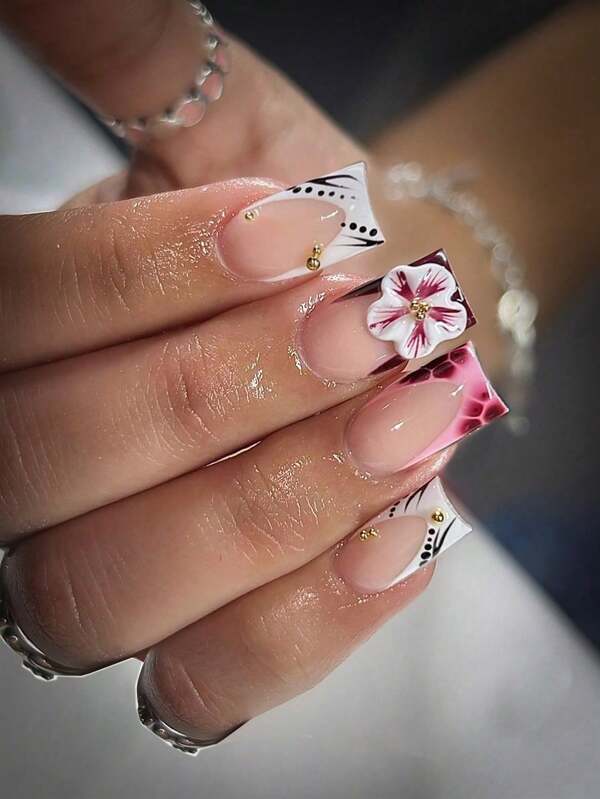 10pcs Y2K Style Gold Bead Pink Flower Press On Nails, Handmade French Square Nails With Three-Dimensional Flower Decoration And Gold Bead Embellishment, Are Essential Nails For Summer And Autumn, Suitable For Daily Use, Festivals, Gatherings, And The Best Gift For Women And Girls