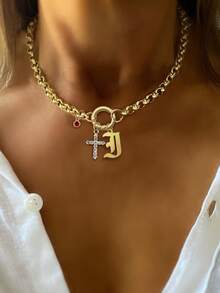 STYLEVER 1 PC Gold A-Z Initial Letter Necklace, Red Diamond Pendant Chain, Full Diamond Cross Pendant Chain, Personalized Letters, Stainless Steel Chain, Celebrating Festivals,Halloween And Christmas Gifts For Women