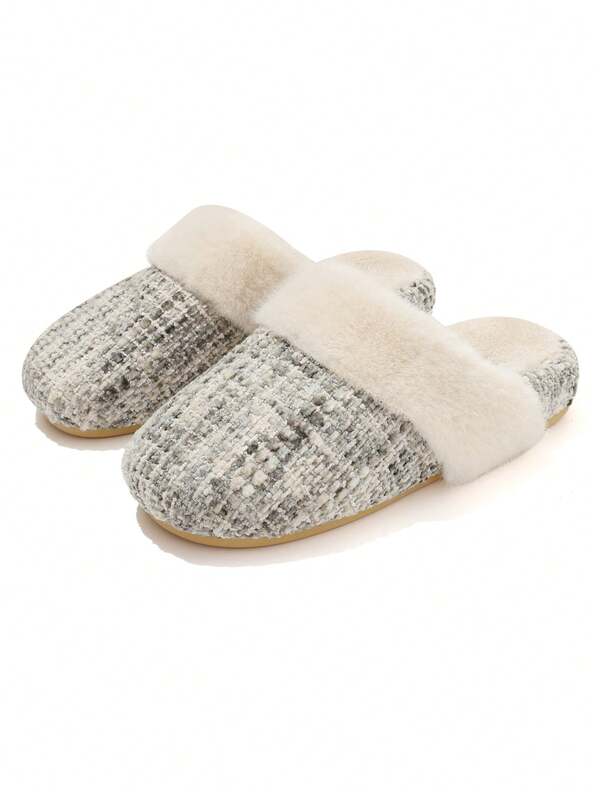 نعال نسائية قماشية، نعال مسطحة من الفرو مع بطانة ناعمة، مريحة وفضفاضة للارتداء داخل المنزل/خارجه