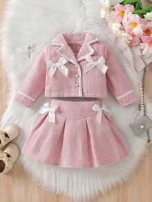 Baby Girls' Fashion Casual Woolen Suit, Bow Tie Belt Lapel Pink Woolen Coat + Bow Tie Pleated Pink Woolen Skirt - Pink - View 3