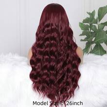 99J Wine Red Fluffy Wavy 13X4 Lace Front Synthetic Wig, Pre-Plucked Bleached Knots, Suitable For Cosplay, Daily Party, Heat Resistant Fiber Front Wig - Multicolor - View 6