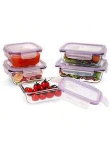 BLOOM STORE - Set de 5 Táperes Herméticos de Vidrio Transparente | 370ml / 520ml / 640ml / 800ml / 1040ml | Recipientes de Comida Apto Microondas y Nevera | Ideal para Cocina, Almuerzo y Almacenamiento - Morado - Ver 3