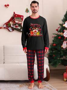 Family Matching Christmas Pajama Set, Reindeer Print Long Sleeve Tops Plaid Elastic Waist Pants For Fall Winter