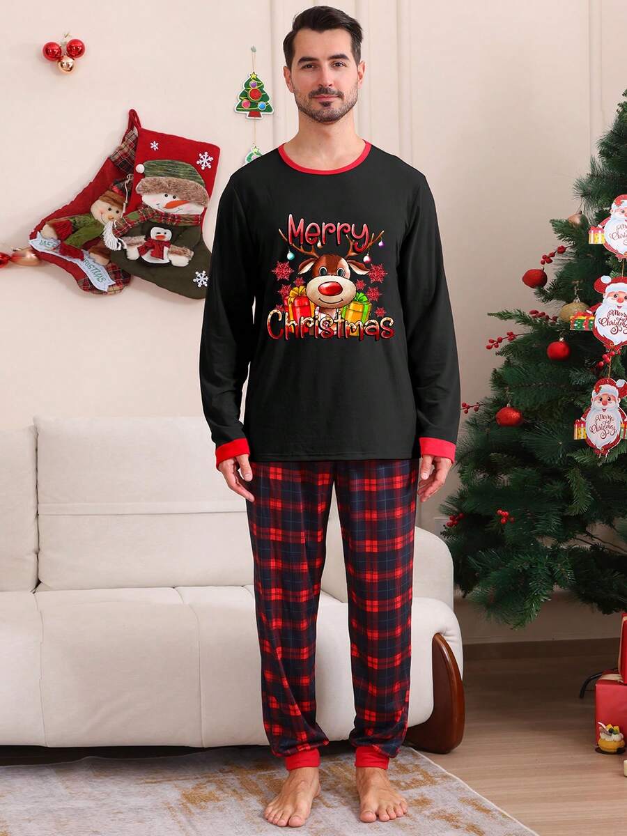 Family Matching Christmas Pajama Set, Reindeer Print Long Sleeve Tops Plaid Elastic Waist Pants For Fall Winter