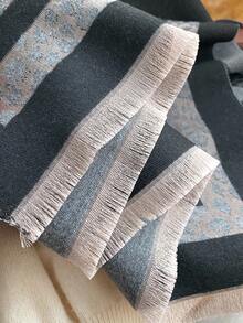 1件装女士双面仿羊绒撞色时尚多功能空调披肩围巾，厚实保暖，适合日常使用，秋冬季搭配连衣裙 - 黑色 - 查看 4