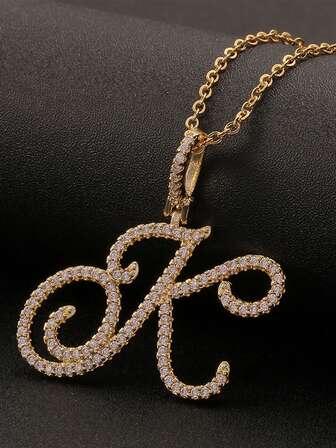 A-Z 锆石字母吊坠项链，男女皆宜的朋克风字母项链，不锈钢时尚嘻哈饰品