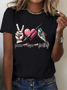 Camiseta gráfica casual para hombres y mujeres - Diseño de pesca de paz y amor con estampado de peces y corazones vibrantes, cuello redondo de ajuste relajado, tela de estiramiento medio lavable a máquina para entusiastas de actividades al aire  atuendo casual, camiseta de pesca, estilo deportivo, material no transparente - Negro - Ver 6