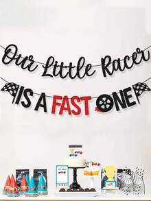 1 pieza "Nuestro pequeño piloto es muy rápido" Decoración de pancarta de cumpleaños número 1 con tema de carreras en negro y rojo - Negro y rojo - Ver 3