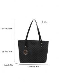 1pc Black Vintage Floral Letter Decor Metal Hardware PU Tote Bag, Large Capacity Women's Shoulder Bag (Metal Pendant Left/Right Random, Not Fixed)