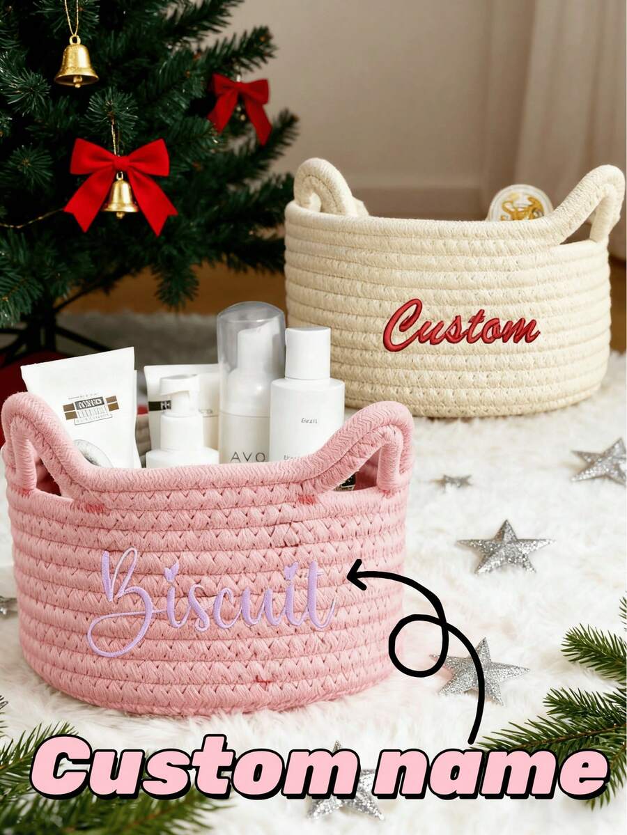 Personalized Woven Storage Basket, Customizable Name - Embroidered Rope Woven Storage Rack, Suitable For Nursery, Home Decor, Newborn Gift