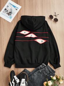 女士长袖眼睛和字母印花拉链口袋抽绳连帽衫
