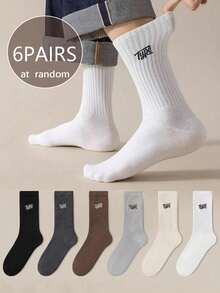 1/3/5/6 Pairs Men Autumn/Winter Maillard Color Letter Striped Versatile Crew Socks - Multicolor - View 1