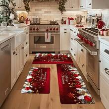 1/2/3pcs Christmas Kitchen Mat, Kitchen Entrance Rug, Upgraded Polyester Floor Mat, Holiday Season Pattern Printed Floor Mat, Bedside Rug, Non-Slip Laundry Room Floor Mat, Machine Washable Absorbent Door Mat, Suitable For Living Room And Laundry Room