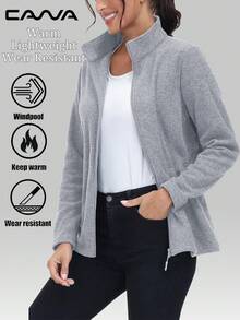 Cavva Chaqueta de forro polar con cremallera completa para mujer, ligera y transpirable, abrigos de invierno cálidos con 2 bolsillos con cremallera para senderismo, camping, pesca y trotar