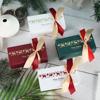 5/20pcs Christmas Candy Boxes Reindeer Cookie Gift Box Rectangular Paper Box With Ribbon Merry Christmas Packaging Box New Year