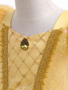 Young Girls' Elegant Yellow Mesh Sequin Cap Sleeve Dress