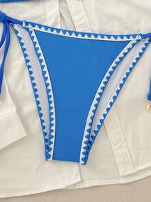Bộ đồ bơi 2 mảnh này bao gồm một áo bikini hai dây in họa tiết màu trơn dễ thương và một quần bơi quyến rũ, hoàn hảo cho kỳ nghỉ hè ở bãi biển hoặc trang phục đi biển thường ngày. - Màu xanh lam - Xem 6