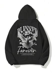 K-GLORY 男士连帽衫，新款秋冬街头风和平鸽和英文标语印花保暖套头卫衣 - 黑色 - 查看 5