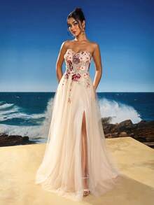 Anymoon 女士高腰荷叶边长款晚礼服派对 - 香檳色 - 查看 7