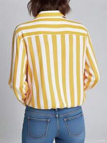 Top Elegante Feminina JOVI SHEEN, Estilo Básico de Escritório Feminino, Camisa de Manga Longa com Listras, Laço Pontudo e Botões, Top Amarela Feminina, Camisa, Uso Diário de Escritório no Outono, Adequada para as Quatro Estações