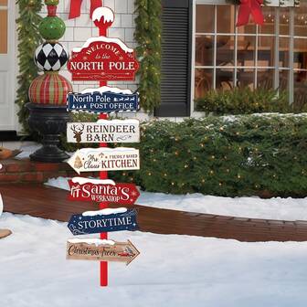 圣诞北极摄影道具，塑料材质，易于安装，圣诞草坪和庭院标志，户外装饰，北极方向标志，圣诞老人工作室立式装饰，冬季花园节日派对用品，户外花园地插