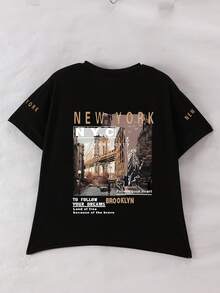 青少年男孩纽约市印花圆领T恤，夏季舒适、时尚、休闲，春夏新款，非常适合上学、购物、街头穿着和度假。 - 黑色 - 查看 8