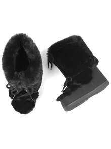 Faux Fur Snow Boots For Women Fuzzy Fluffy Furry Lace Up Mid Calf Boots Winter Warm Fur Boots For Christmas - màu đen - Xem 10