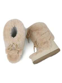 Faux Fur Snow Boots For Women Fuzzy Fluffy Furry Lace Up Mid Calf Boots Winter Warm Fur Boots For Christmas - 杏色 - 查看 6