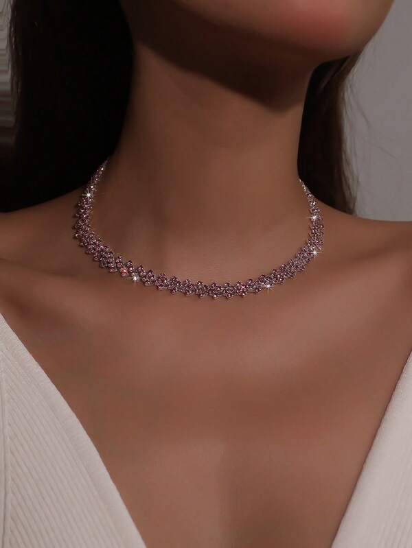 1 pieza Collar con patrón de rombos de strass rosa, adecuado para uso diario de mujeres, bodas, fiestas, etc.