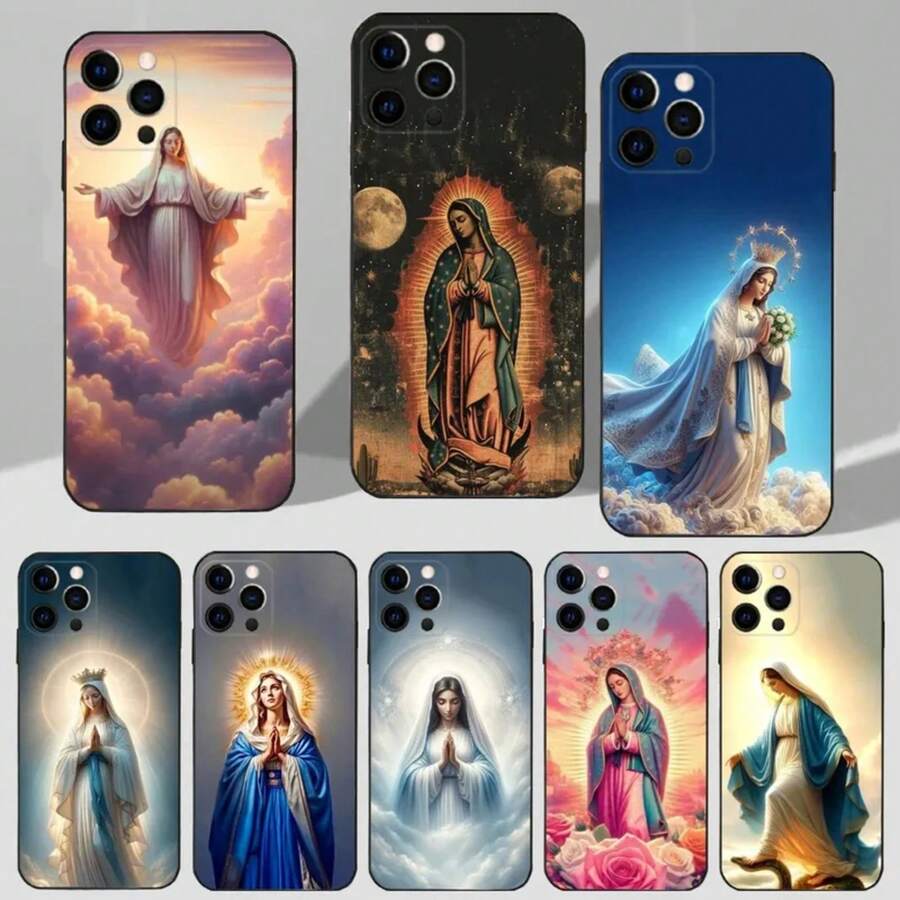 Custodia per iPhone 16, 15, 14, 13, 12, 11 Plus, Pro Max, XS, X, XR, SE, Mini, 8, 7 in morbido silicone nero con tema cristiano e immagine della Vergine di Guadalupe - Z2 - Visualizzare 1