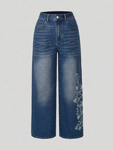 Classic Vintage Washed Blue Floral Embroidered Casual Loose Fit Straight Leg Jeans, Suitable For Casual, Holiday, Denim Pants, Long Pants, Outings, Women's Denim Jeans, Women's Jeans, Women's Denim Bottoms