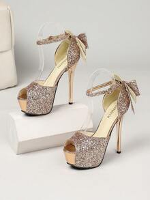 Un par de sandalias de mujer de moda con tacones altos de 14 cm, plataforma impermeable de 5 cm, tela brillante, decoración con lazo, adecuado para discoteca, fiesta, boda, boda elegante al estilo occidental, con detalles de metal y brillo, tacón súper alto, plataforma impermeable, adecuado para fiesta, vacaciones, oficina, boda, primavera y otoño