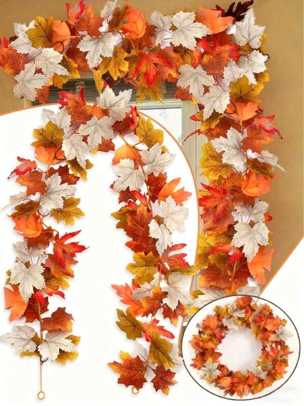 1 pieza - Guirnalda de hojas de arce de otoño, guirnalda artificial de hojas de arce de otoño colgante, decoración de mesa duradera y reutilizable para fiestas en el hogar, bodas, chimeneas, cenas, decoración del hogar, decoración de la puerta principal en otoño, decoración interior y exterior