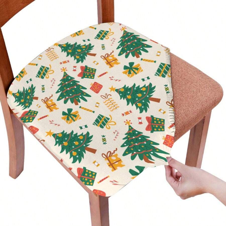 1/4/6/40 buc Brad de Crăciun verde cu globuri galbene ornamentale; Cutii de cadou colorate cu hârtie de împachetat și panglici; Bomboane și bastoane de acadea imprimate; Husă de scaun detașabilă și elastică din fibră de lapte, huse pătrate pentru scaune pentru sufragerie, bucătărie, restaurant, scaune de hotel, husă moale pentru pernă.