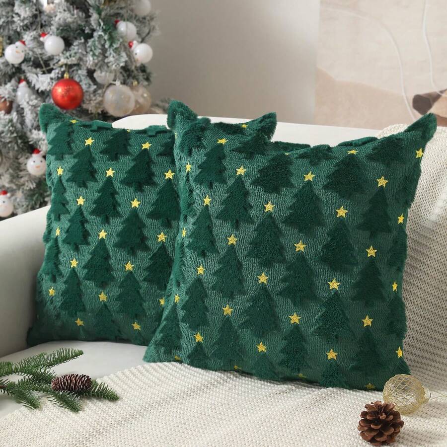 1 st julgransmönster mjukt plysch juldekorativt örngott, lämplig för soffa, vardagsrumsdekor - Grön - Visa 1