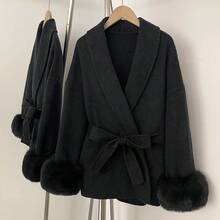 OFTBUY Einfarbige Jacke mit langen Ärmeln, loser Taille, Gürtel, Fellimitat-Patchwork und Wollmischung, lässiger Street-Style für Herbst/Winter & Feiertage - Schwarz - Übersicht 3